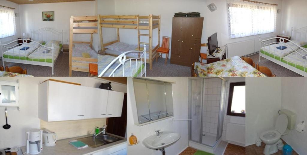 Ferienhof-Gstehauszimmer Romantik mit einem Doppelbett und einem Etagenbett, insgesamt sind in dieser Ferienwohnung ebenso wie in den zwei weiteren Ferienwohnungen vier Bettenpltze vorhanden. Des Weiteren gehren zu dieser Ferienwohnung  noch ein  Vorraum mit Kochmglichkeit, Khlschrank, Mikrowelle, Kaffeemaschine, Geschirr und ein Geschirrsplbecken sowie eine Dusche und ein WC und neben dem Eingangsbereich eine berdachte Sitzflche.